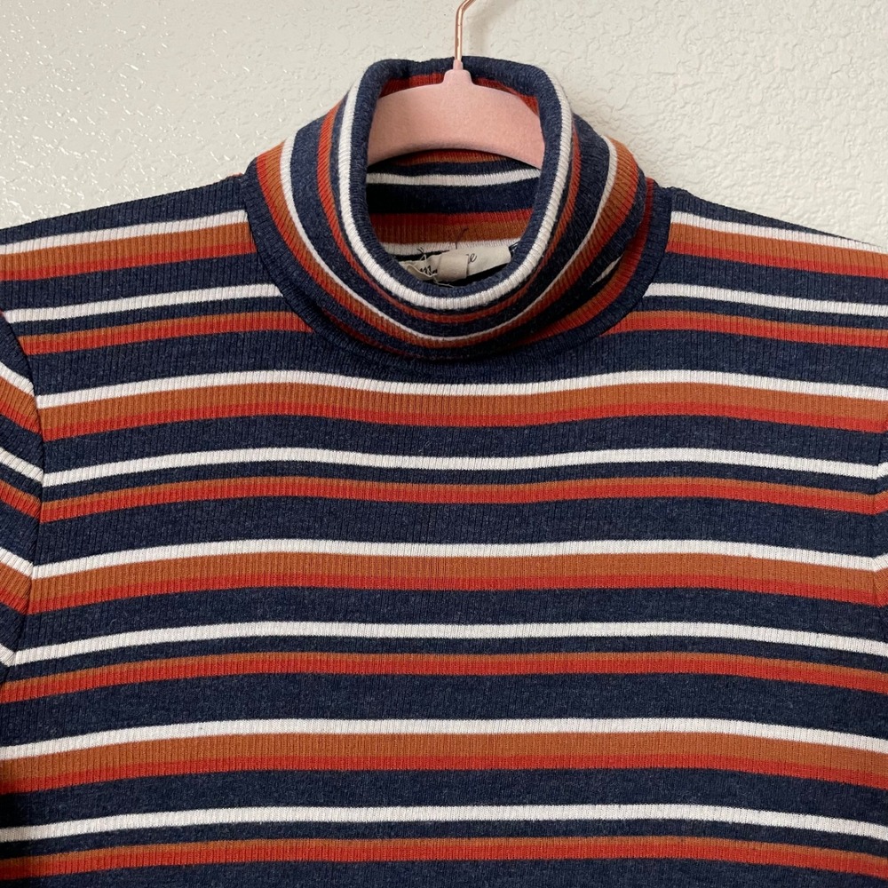 Madewell Top Womens Small Blue Brown Ribbed Striped Turtleneck Long Sleeve Shirt - Picture 5 of 12